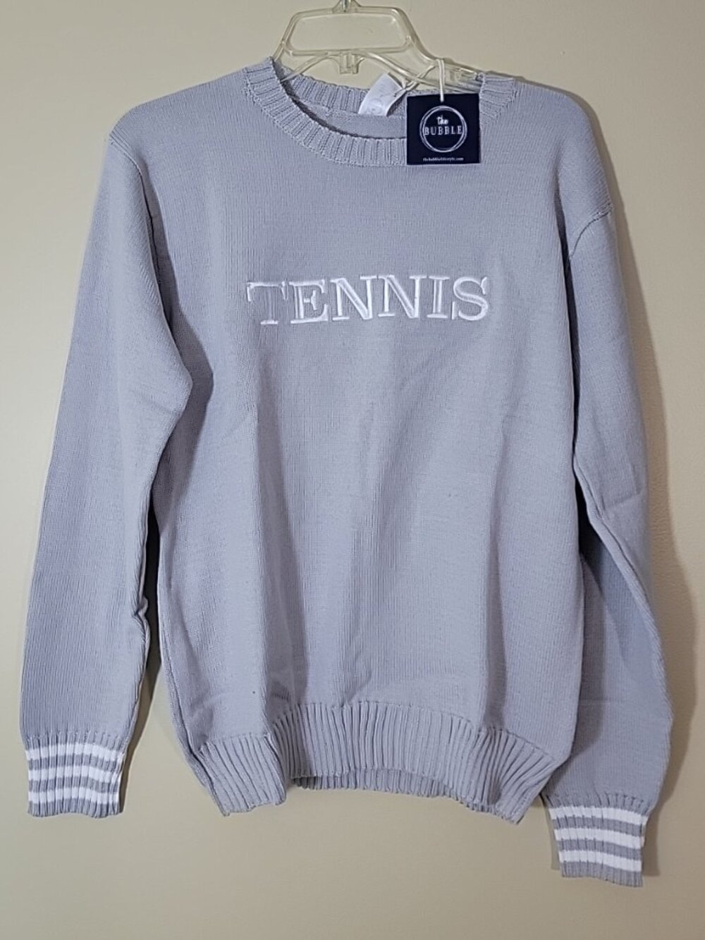 The Bubble Tennis Sweater LARGE ,GREY Striped Cuff Cotton Blend Womens NEW - Picture 2 of 6